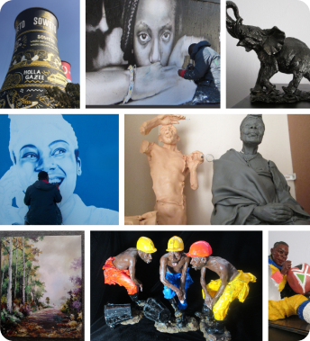 Orlando cooling tower mural painting in Soweto progress. An epoxy resin sculpture of an elephant. A monochrome portrait in blue, acrylic on canvas painting of a land scape, epoxy resin sculpture of 3 gumboot dancers, Venda woman sculpture painted and finished with polyurethane paint.