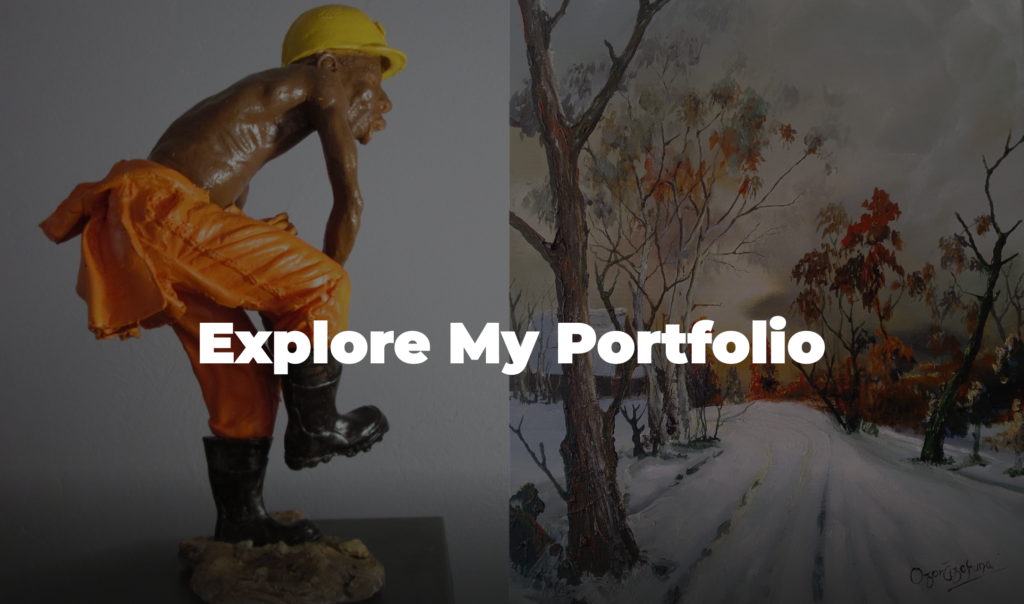 Epoxy resin sculpture of a gumboot dancer dressed in orange overall and black boots and yellow helmet and a n acrylic on canvas painting of a wintery snow landscape with an orange warm sun in the horizon.