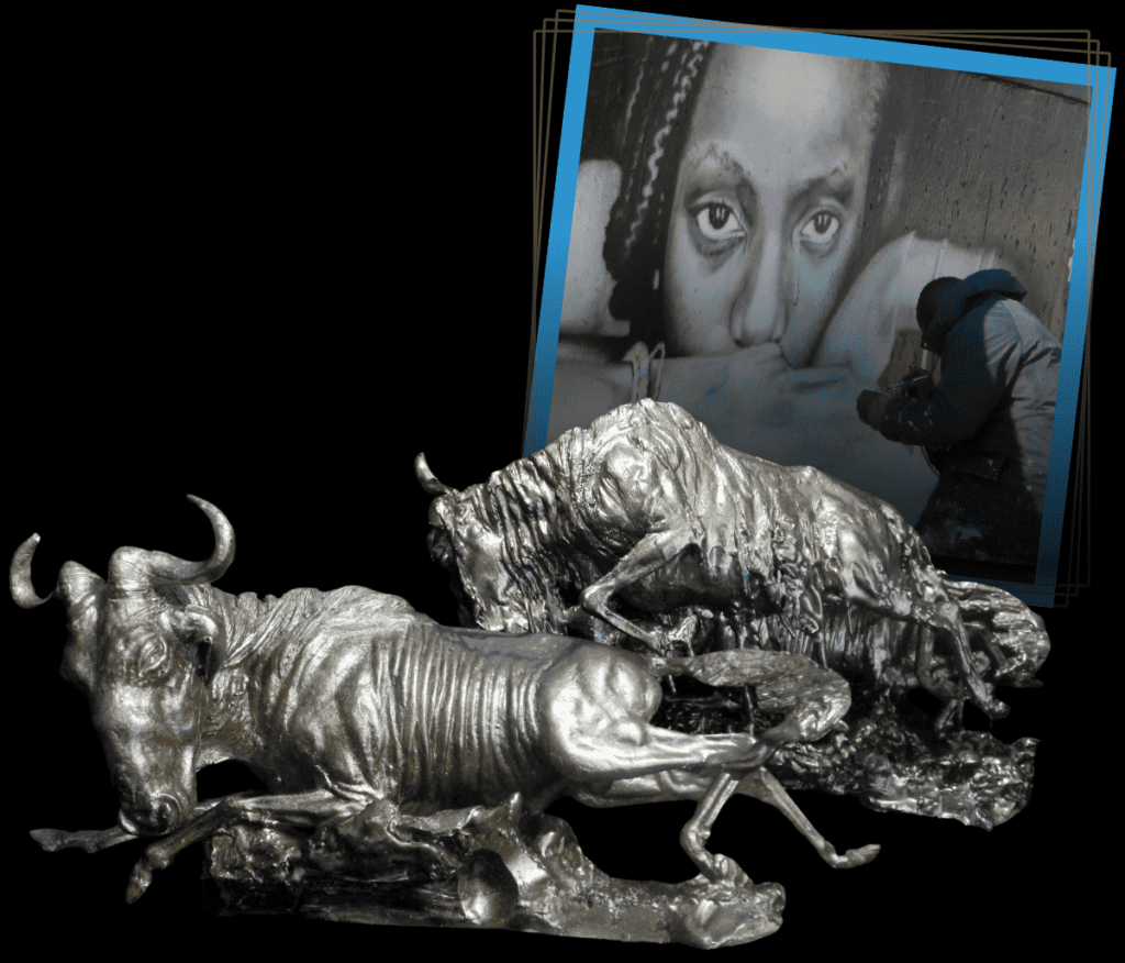 Air brushing art. Image of a big wall mural painting in progress rendered in monochrome. Also in front of the wall mural is an epoxy resign sculpture of wildebeests leaping into the air to avoid crocodile attack. Customised art works for interior decorators.
